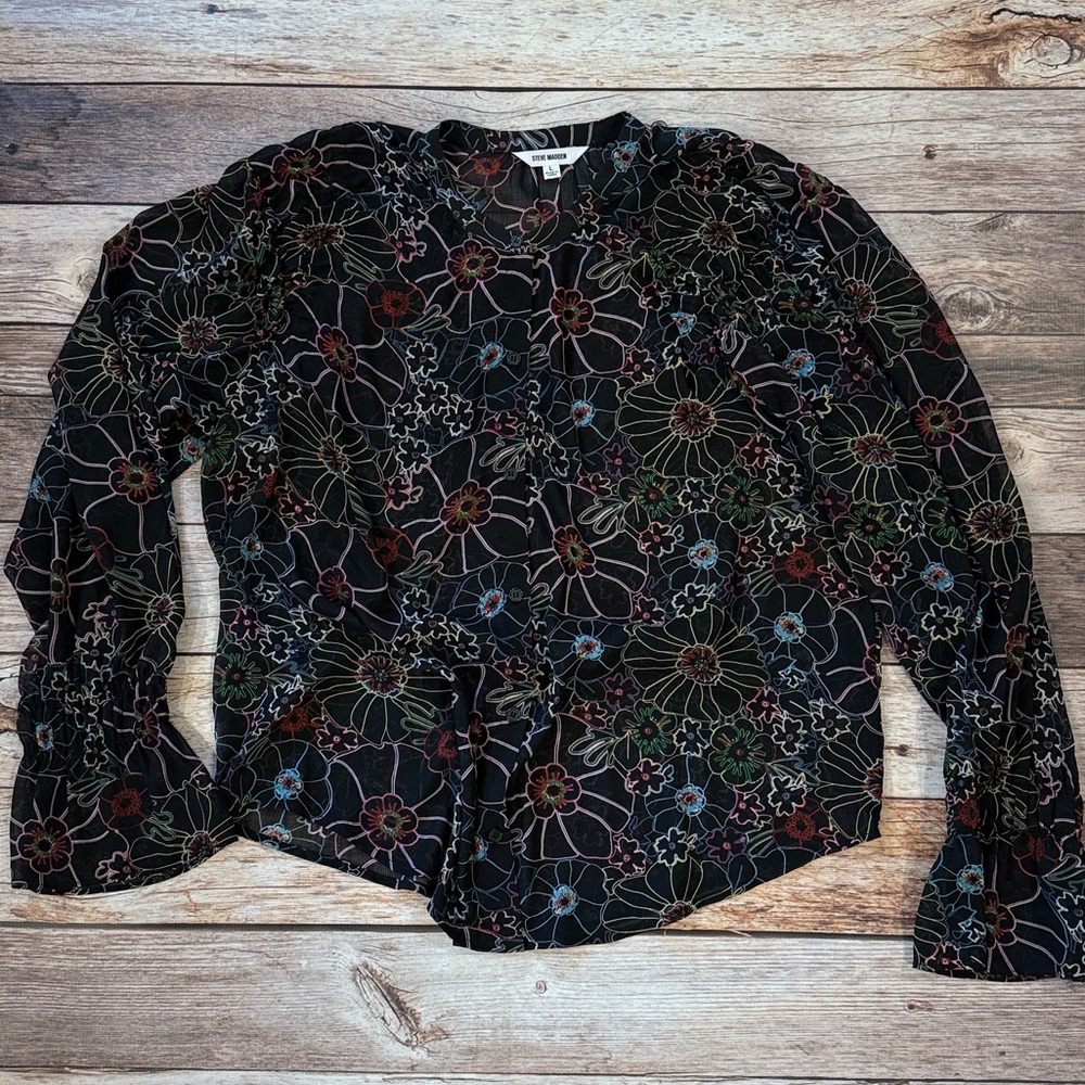Steve Madden Sheer Floral Bell Sleeve Button Up Top